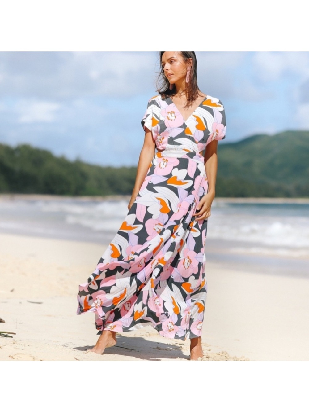 Ava Sky Dress Bardot Misty Retro Orchid Oasis M Maxi gown tropical floral wrap - Picture 2 of 7